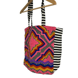Large boho tote beach bag.  Canvas stripes and bright pattern
